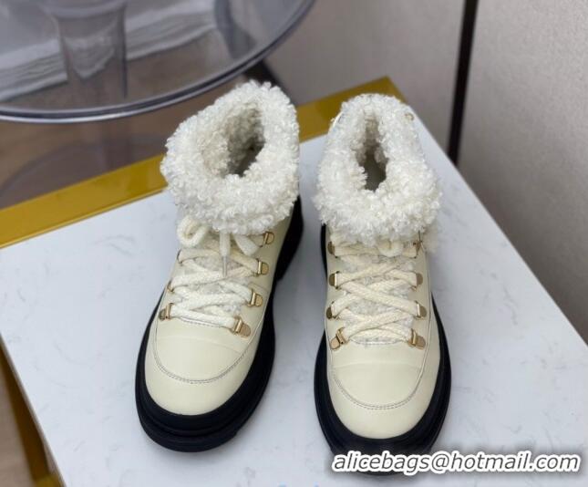 Top Sale Chanel Calfskin Wool Lace-up Flat Short Boots G35376 White