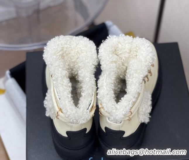 Top Sale Chanel Calfskin Wool Lace-up Flat Short Boots G35376 White