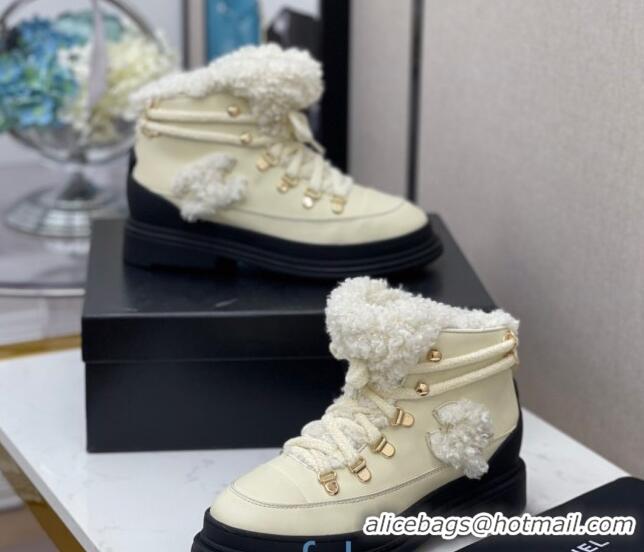 Top Sale Chanel Calfskin Wool Lace-up Flat Short Boots G35376 White