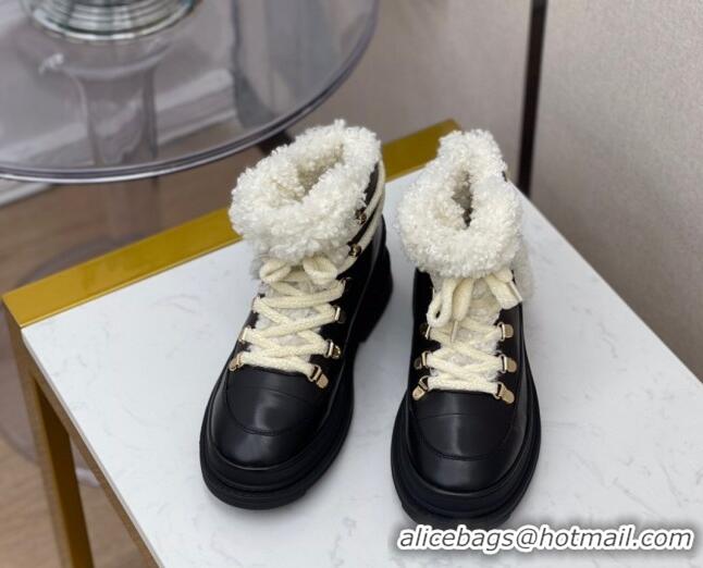 Custom Chanel Calfskin Wool Lace-up Flat Short Boots G35376 Black