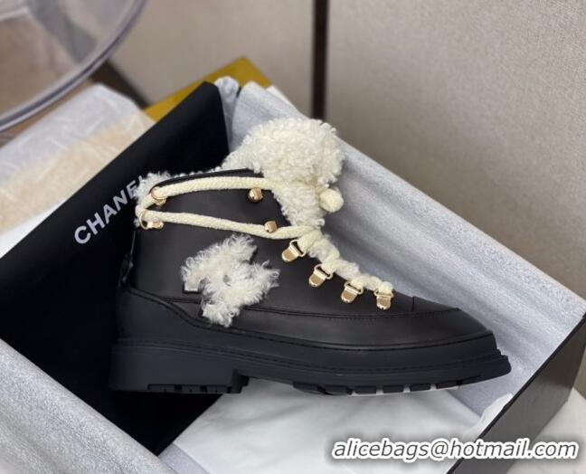 Custom Chanel Calfskin Wool Lace-up Flat Short Boots G35376 Black