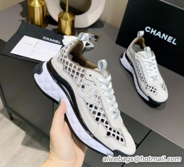 Top Quality Chanel Suede Check Sneakers G37126 White/Gray