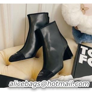 Best Chanel Leather Crystal Short Boots 5.5cm 22302 Black