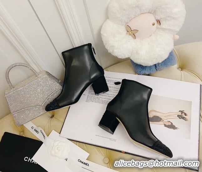 Best Chanel Leather Crystal Short Boots 5.5cm 22302 Black