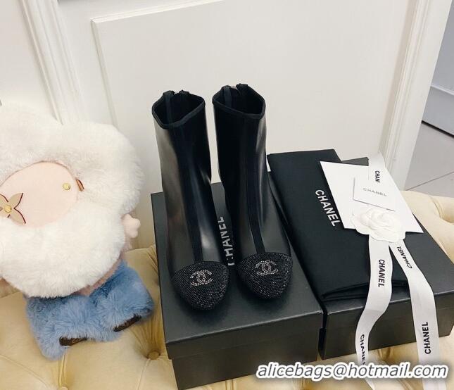 Best Chanel Leather Crystal Short Boots 5.5cm 22302 Black