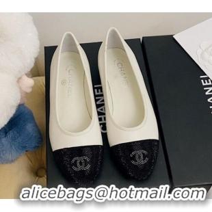 Best Design Chanel Leather Crystal Ballerinas 122311 White