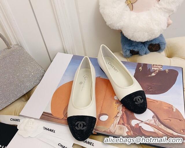 Best Design Chanel Leather Crystal Ballerinas 122311 White