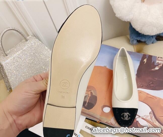 Best Design Chanel Leather Crystal Ballerinas 122311 White