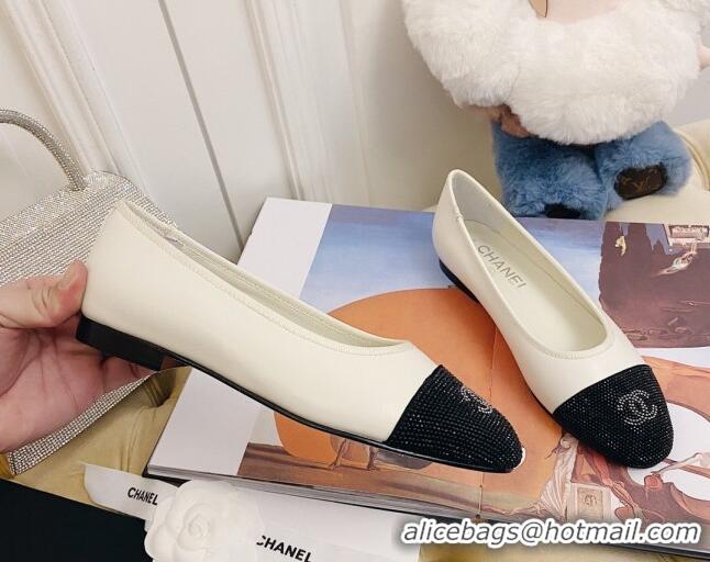 Best Design Chanel Leather Crystal Ballerinas 122311 White