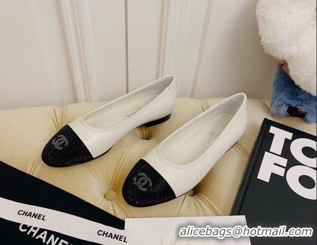 Best Design Chanel Leather Crystal Ballerinas 122311 White