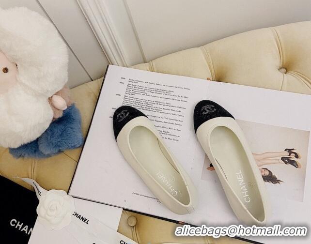 Best Design Chanel Leather Crystal Ballerinas 122311 White