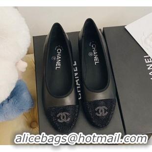 New Style Chanel Leather Crystal Ballerinas 122311 Black