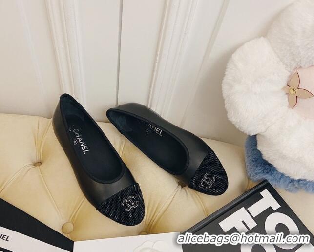 New Style Chanel Leather Crystal Ballerinas 122311 Black