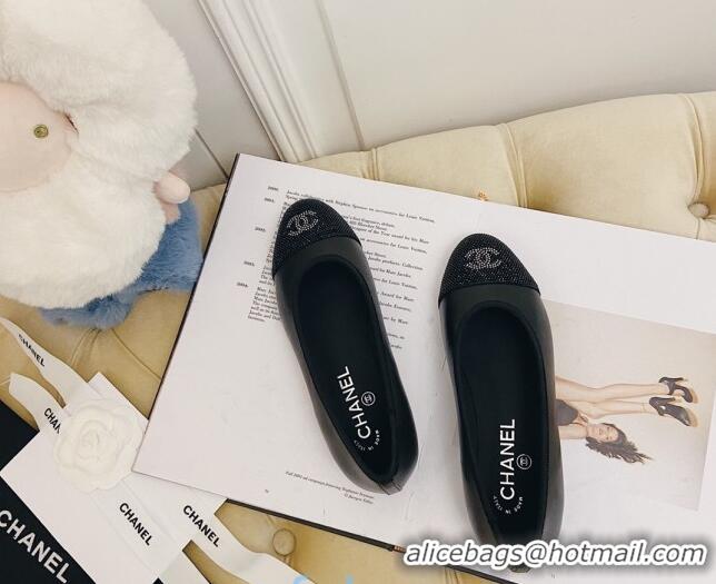 New Style Chanel Leather Crystal Ballerinas 122311 Black