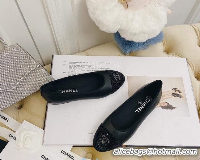 New Style Chanel Leather Crystal Ballerinas 122311 Black