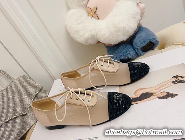 Affordable Price Chanel Mesh Crystal Lace up Flat 122313 Nude