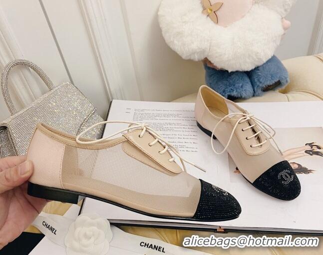 Affordable Price Chanel Mesh Crystal Lace up Flat 122313 Nude