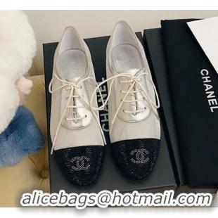 Low Price Chanel Mesh Crystal Lace up Flat 122313 Silver