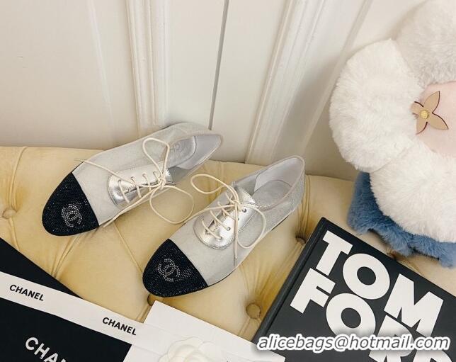 Low Price Chanel Mesh Crystal Lace up Flat 122313 Silver