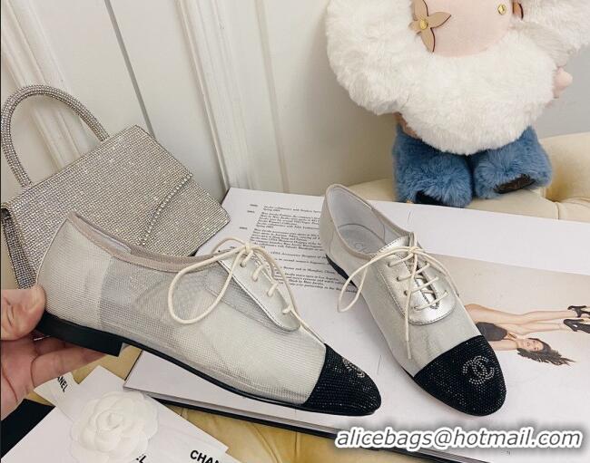 Low Price Chanel Mesh Crystal Lace up Flat 122313 Silver