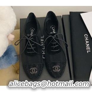 Unique Grade Chanel Mesh Crystal Lace up Flat 122313 Black