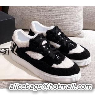 Good Quality Chanel Shearling Wool Low-top Sneakers 22345 White/Black