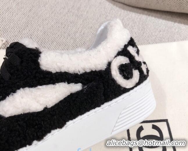 Good Quality Chanel Shearling Wool Low-top Sneakers 22345 White/Black