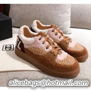 Discount Chanel Shearling Wool Low-top Sneakers 122346 Pink/Brown