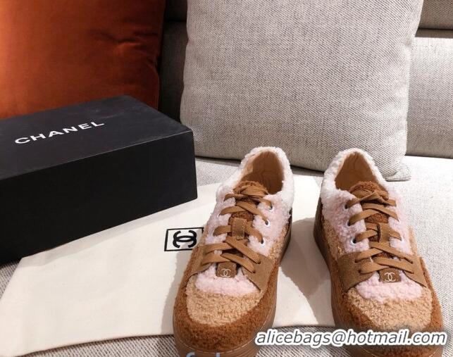 Discount Chanel Shearling Wool Low-top Sneakers 122346 Pink/Brown