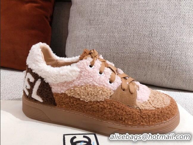 Discount Chanel Shearling Wool Low-top Sneakers 122346 Pink/Brown