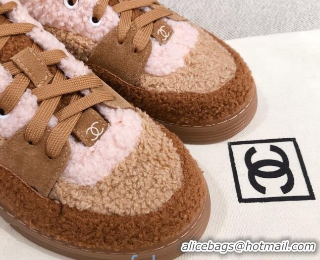 Discount Chanel Shearling Wool Low-top Sneakers 122346 Pink/Brown