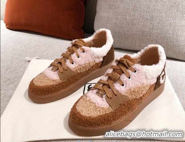 Discount Chanel Shearling Wool Low-top Sneakers 122346 Pink/Brown