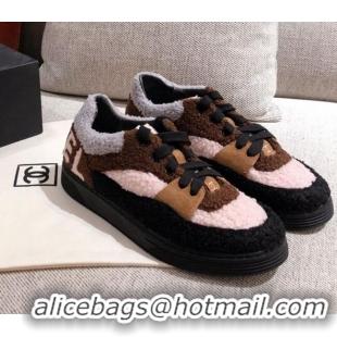 Discount Chanel Shearling Wool Low-top Sneakers 122346 Brown/Black