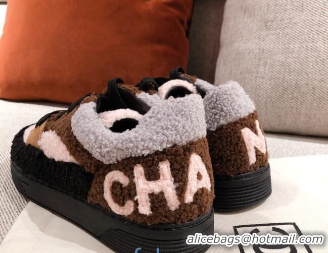 Discount Chanel Shearling Wool Low-top Sneakers 122346 Brown/Black