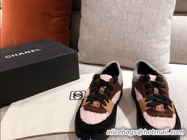 Discount Chanel Shearling Wool Low-top Sneakers 122346 Brown/Black