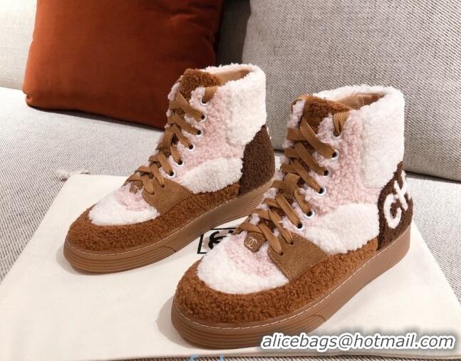 Top Quality Chanel Shearling Wool Short Boots 122348 Pink/Brown