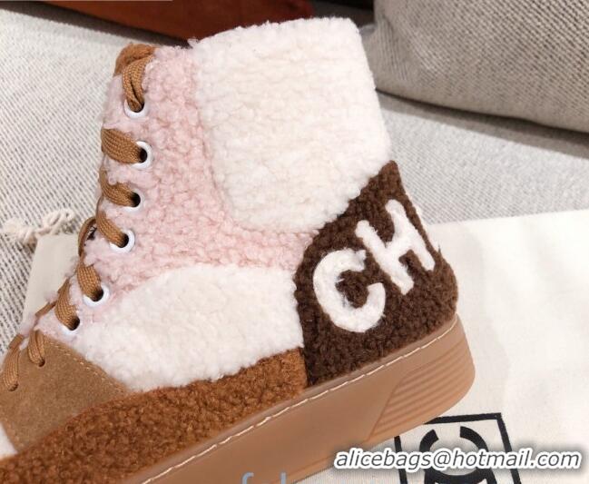 Top Quality Chanel Shearling Wool Short Boots 122348 Pink/Brown