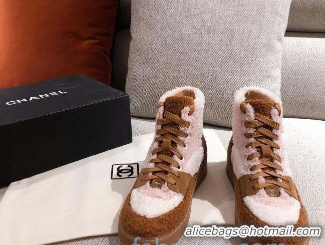 Top Quality Chanel Shearling Wool Short Boots 122348 Pink/Brown