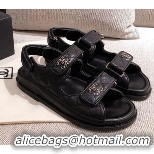 Top Quality Chanel Quilted Leather Strap Chain CC Flat Sandals G35927 Black