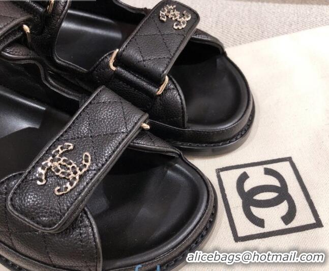 Top Quality Chanel Quilted Leather Strap Chain CC Flat Sandals G35927 Black