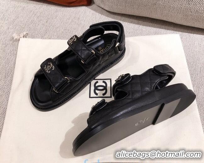 Top Quality Chanel Quilted Leather Strap Chain CC Flat Sandals G35927 Black