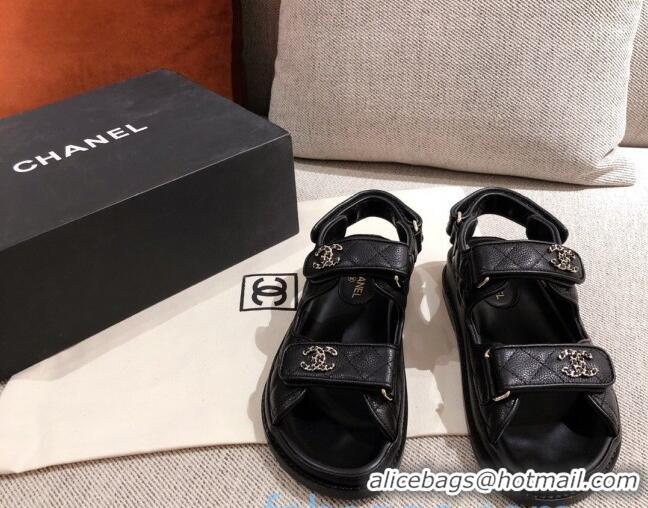 Top Quality Chanel Quilted Leather Strap Chain CC Flat Sandals G35927 Black