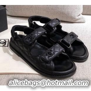 Unique Style Chanel Matte Quilted Leather Strap Flat Sandals G35927 All Black