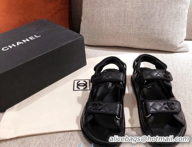 Unique Style Chanel Matte Quilted Leather Strap Flat Sandals G35927 All Black