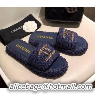 New Fashion Chanel Cord Slide Sandal Mules G36923 Navy Blue