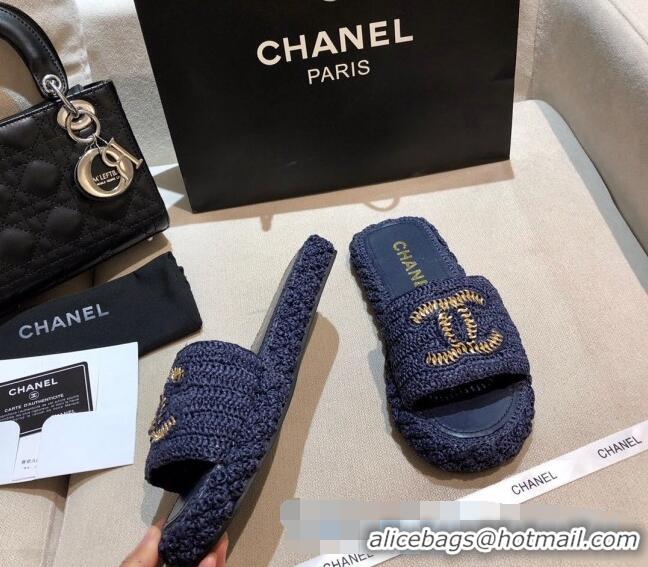 New Fashion Chanel Cord Slide Sandal Mules G36923 Navy Blue