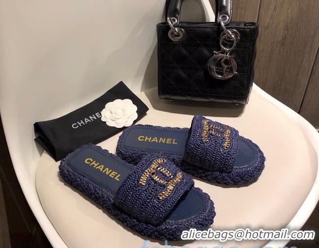 New Fashion Chanel Cord Slide Sandal Mules G36923 Navy Blue