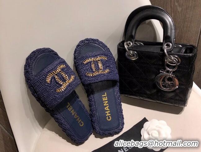 New Fashion Chanel Cord Slide Sandal Mules G36923 Navy Blue