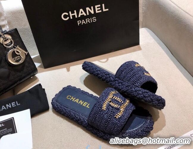 New Fashion Chanel Cord Slide Sandal Mules G36923 Navy Blue