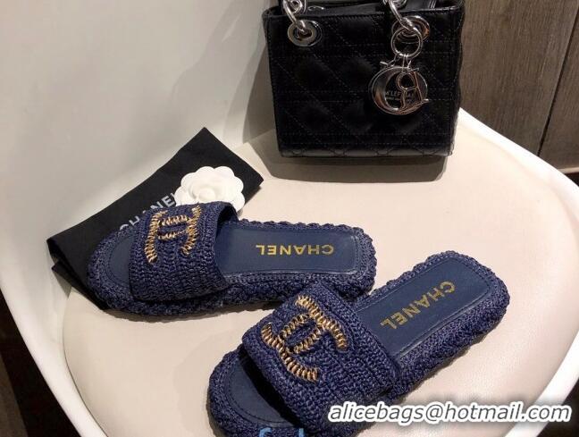 New Fashion Chanel Cord Slide Sandal Mules G36923 Navy Blue